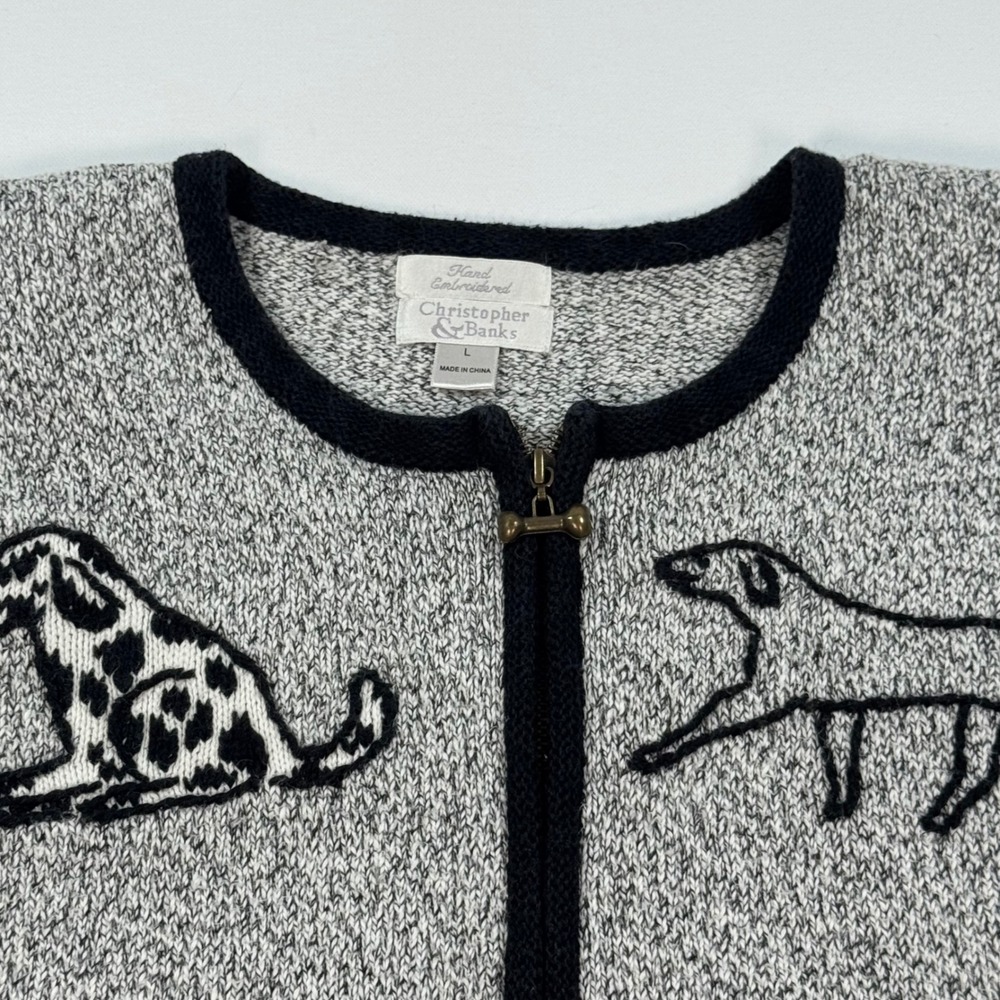 Christopher & Banks Dog Embroidered Zip Cardigan Grey Marled Knit Bone Pull L - Picture 3 of 10